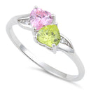 Sterling Silver Double Heart Apple Green & Pink CZ Ring