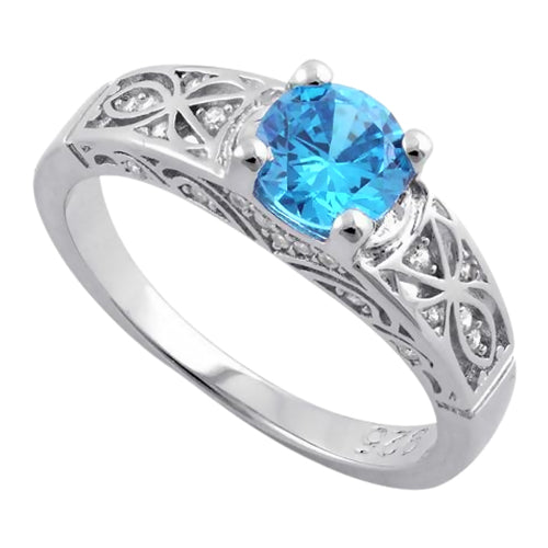 Sterling Silver Aqua Blue Round Cut Engagement CZ Ring