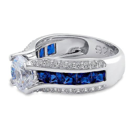 Sterling Silver Round & Princes Cut Clear & Blue Spinel CZ Ring