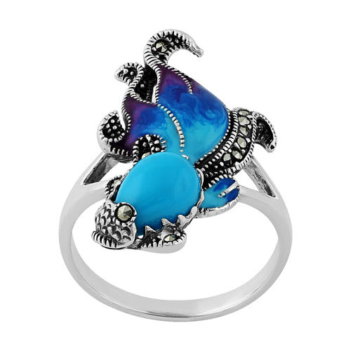 Sterling Silver Simulated Turquoise Fish Ghost Marcasite Ring