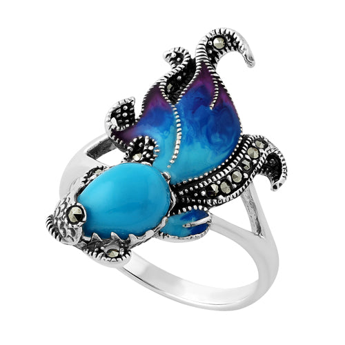 Sterling Silver Simulated Turquoise Fish Ghost Marcasite Ring