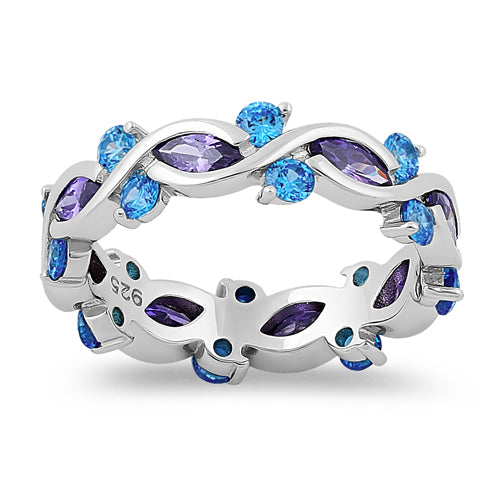 Sterling Silver Eternity Marquise Round Dark Violet & Blue Topaz CZ Ring