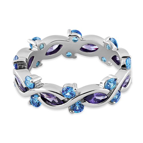 Sterling Silver Eternity Marquise Round Dark Violet & Aqua CZ Ring