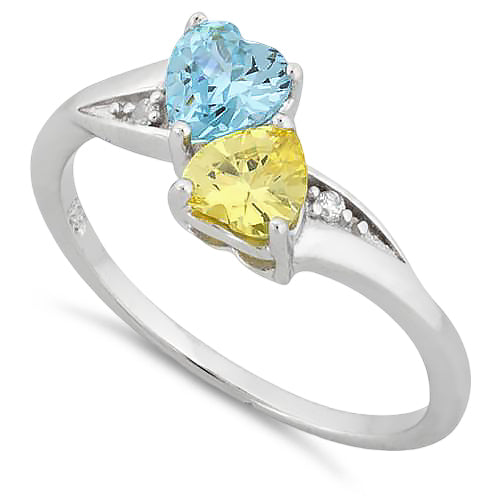 Sterling Silver Double Heart Yellow & Aquamarine CZ Ring