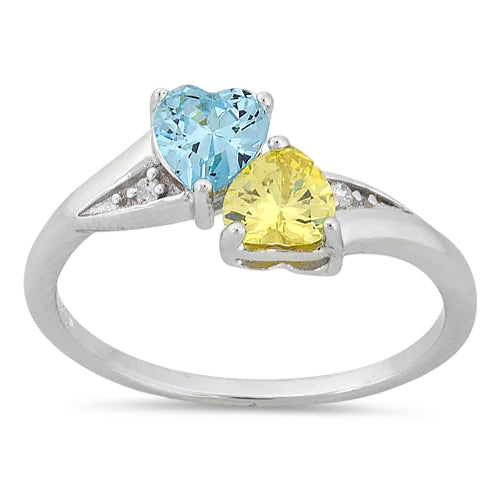 Sterling Silver Double Heart Yellow & Aquamarine CZ Ring