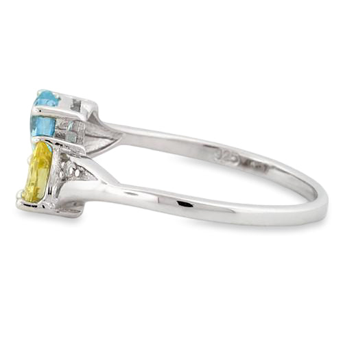 Sterling Silver Double Heart Yellow & Aquamarine CZ Ring