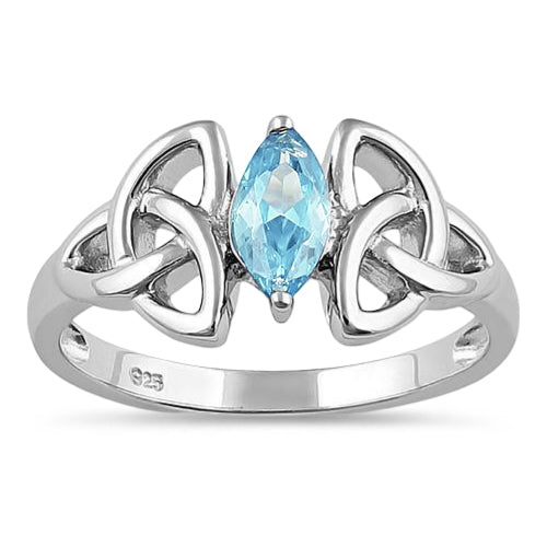 Sterling Silver Double Triquetra Charmed Marquise Aquamarine CZ Ring
