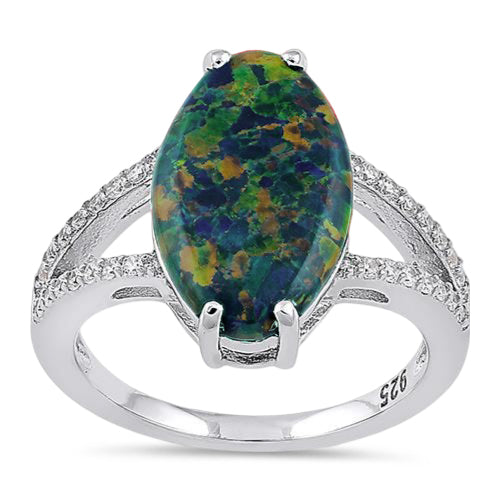 Sterling Silver Marquise Green-Black Lab Opal Ring