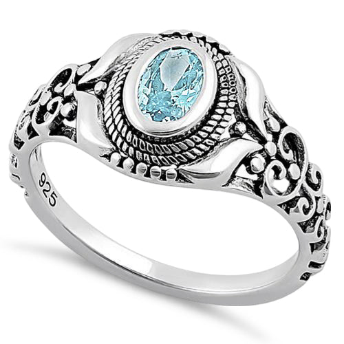 Sterling Silver Austere Oval Cut Aquamarine CZ Ring