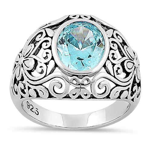 Sterling Silver Plush Oval Cut Aquamarine CZ Ring