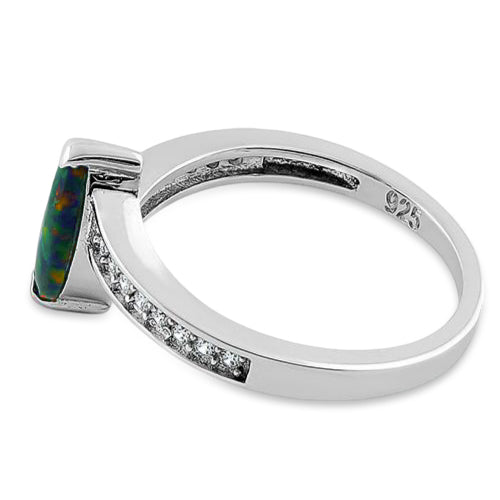 Sterling Silver Stylish Green-Black Lab Opal Marquise Cut & Clear CZ Ring