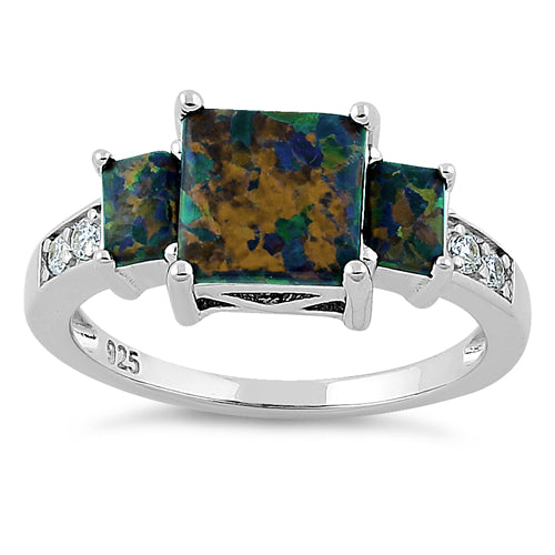 Sterling Silver Square Black Lab Opal CZ Ring