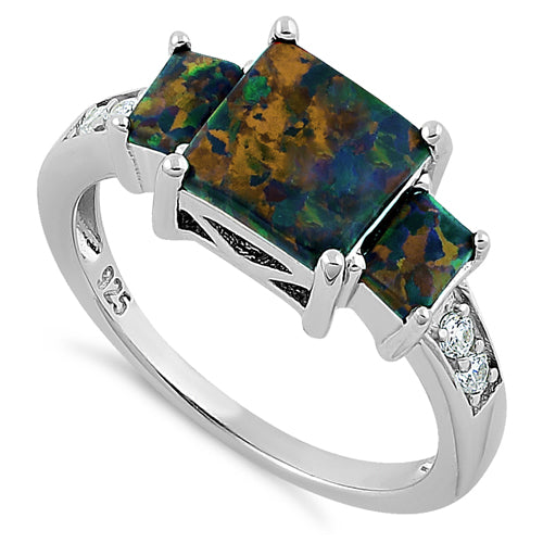 Sterling Silver Square Black Lab Opal CZ Ring