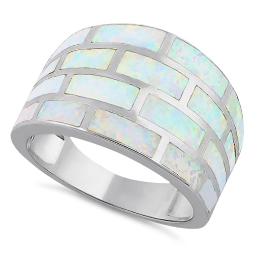 Sterling Silver Bricks White Lab Opal Ring
