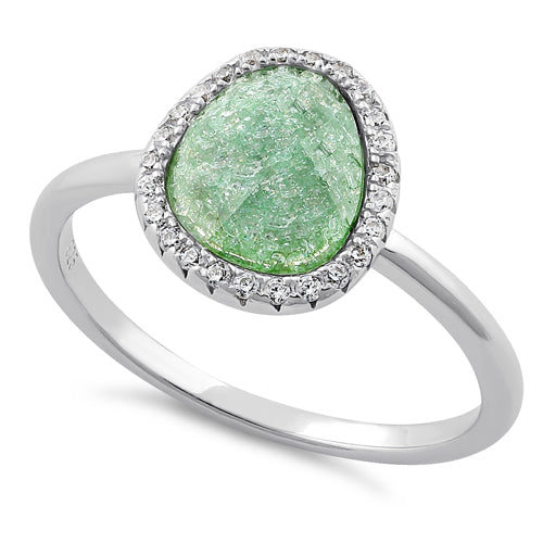 Sterling Silver Offset Oval Green Ice Galaxy CZ Ring