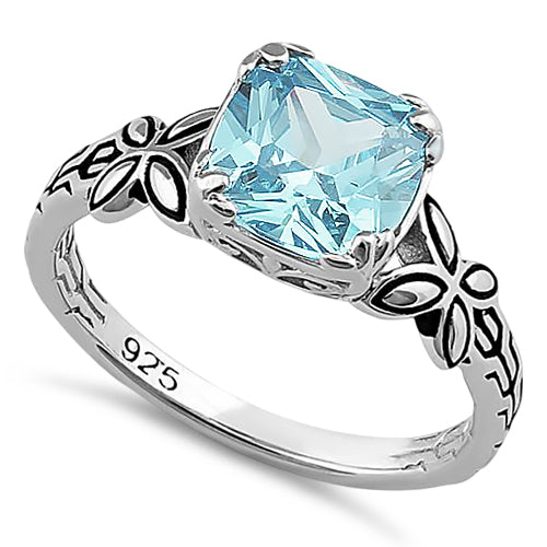 Sterling Silver Twin Butterfly Cushion Cut Aquamarine CZ Ring