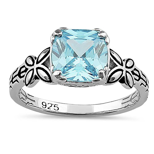 Sterling Silver Twin Butterfly Cushion Cut Aquamarine CZ Ring