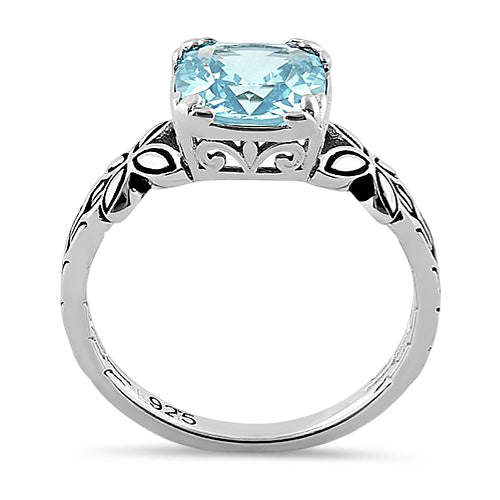 Sterling Silver Twin Butterfly Cushion Cut Aquamarine CZ Ring