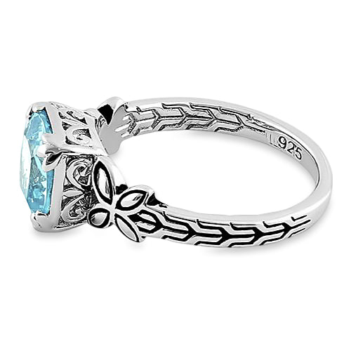 Sterling Silver Twin Butterfly Cushion Cut Aquamarine CZ Ring