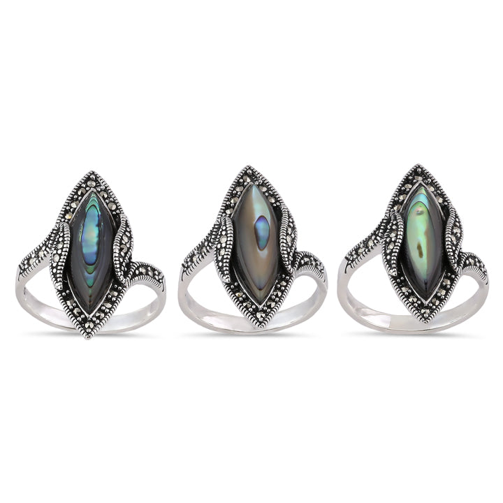 Sterling Silver Abalone Marquise Marcasite Ring