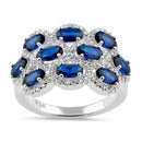Sterling Silver Oval Blue Sapphire Halo CZ Cluster Ring