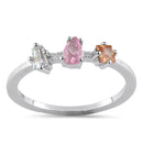 Sterling Silver Round Pear and Tapered Baguette Pink and Champagne CZ Ring