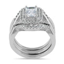 Sterling Silver Emerald Cut CZ Halo Engagement Set Ring