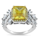 Sterling Silver Elegant Yellow Emerald Cut Halo CZ Ring