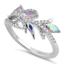 Sterling Silver Vine Leaves Iridescent Rainbow CZ Ring