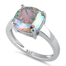 Sterling Silver Cushion-Cut Iridescent Rainbow CZ Ring