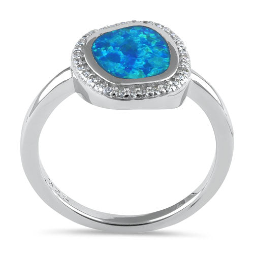 Sterling Silver Unique Blue Lab Opal Offset Halo CZ Ring