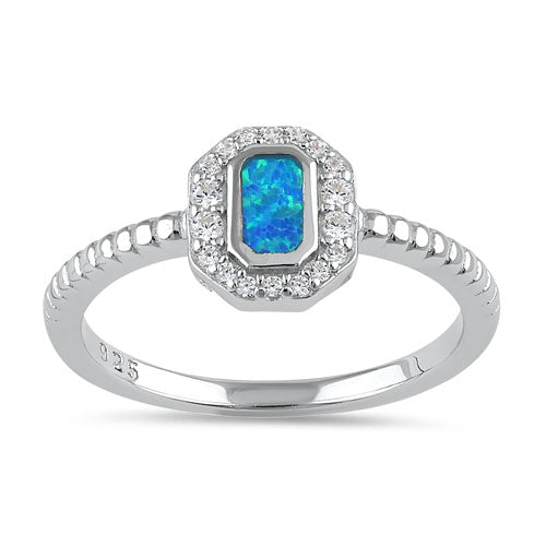 Sterling Silver Blue Lab Opal Octagon Halo CZ Ring