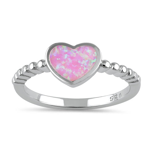 Sterling Silver Pink Lab Opal Heart Beaded Ring