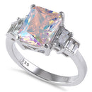 Sterling Silver Iridescent Emerald Cut CZ Ring
