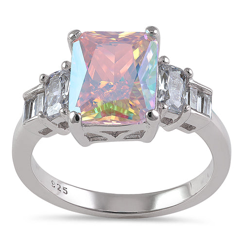 Sterling Silver Iridescent Emerald Cut CZ Ring