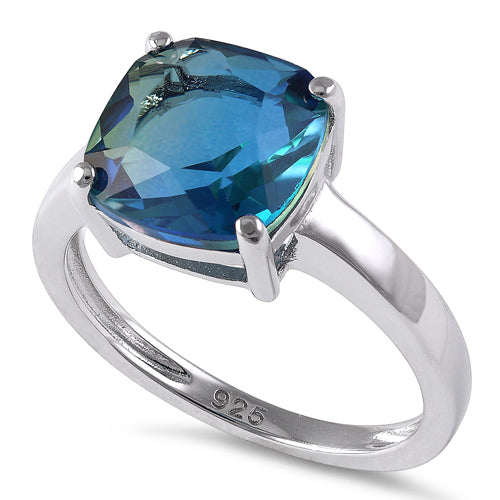 Sterling Silver Bi-Color Blue Green Ombre Cushion Cut CZ Ring