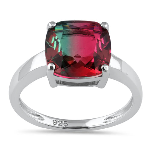 Sterling Silver Bi-Color Watermelon Cushion Cut CZ Ring