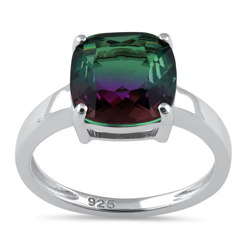 Sterling Silver Bi-Color Purple & Green Ombre Cushion Cut CZ Ring