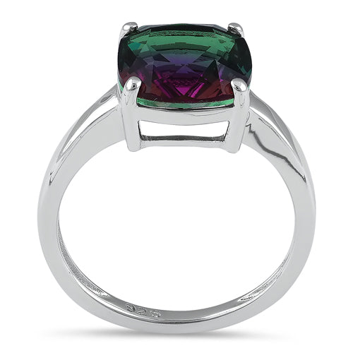 Sterling Silver Bi-Color Purple & Green Ombre Cushion Cut CZ Ring
