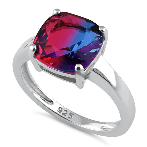 Sterling Silver Bi-Color Blue & Red Ombre Cushion Cut CZ Ring