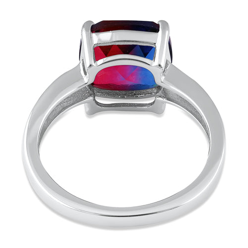Sterling Silver Bi-Color Blue & Red Ombre Cushion Cut CZ Ring