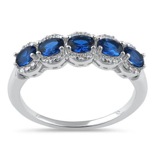 Sterling Silver Elegant Five-Stone Oval Blue CZ Ring