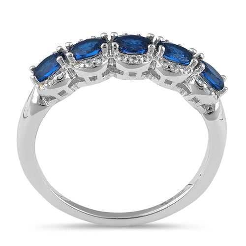 Sterling Silver Elegant Five-Stone Oval Blue CZ Ring