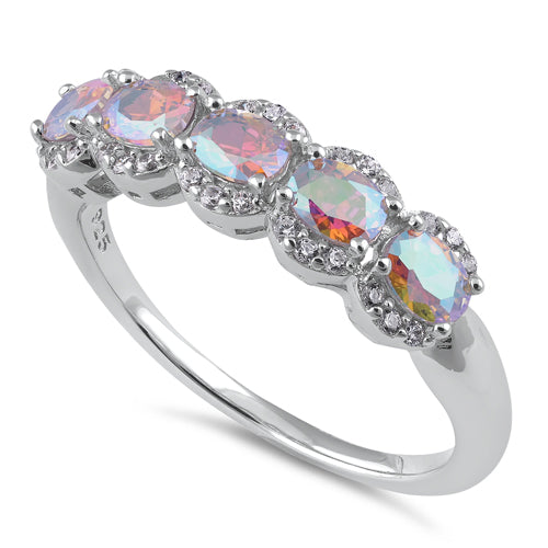Sterling Silver Elegant Five-Stone Oval Iridescent CZ Ring