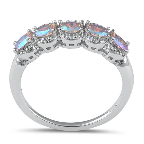 Sterling Silver Elegant Five-Stone Oval Iridescent CZ Ring
