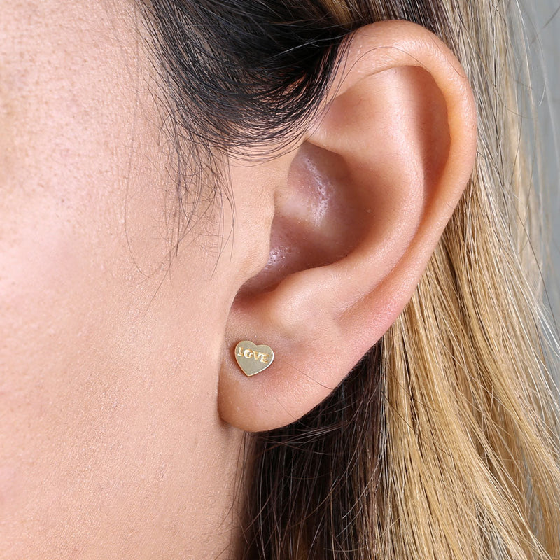 Solid 14K Yellow Gold Solid Heart with Love Inscription Earrings