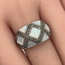 Sterling Silver Mother of Pearl Pattern Marcasite Ring