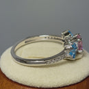 Sterling Silver Flower Leaves Pink and Blue CZ Ring
