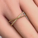 Solid 14K Gold CZ Pave and Bead X Ring