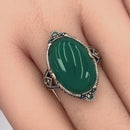 Sterling Silver Oval Green Agate Marcasite Ring